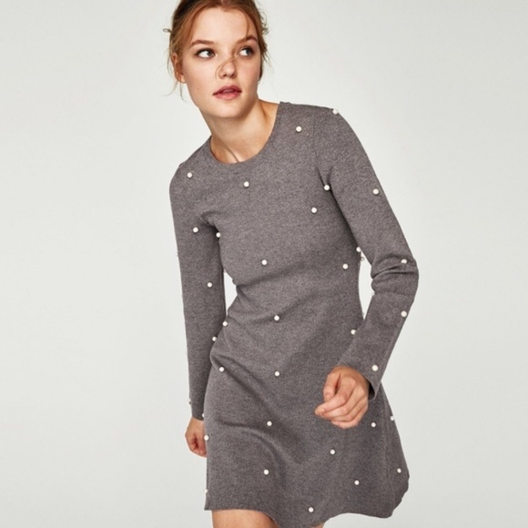 Zara Skater dress with Pearl beads gray grey S small NWT - Picture 5 of 8